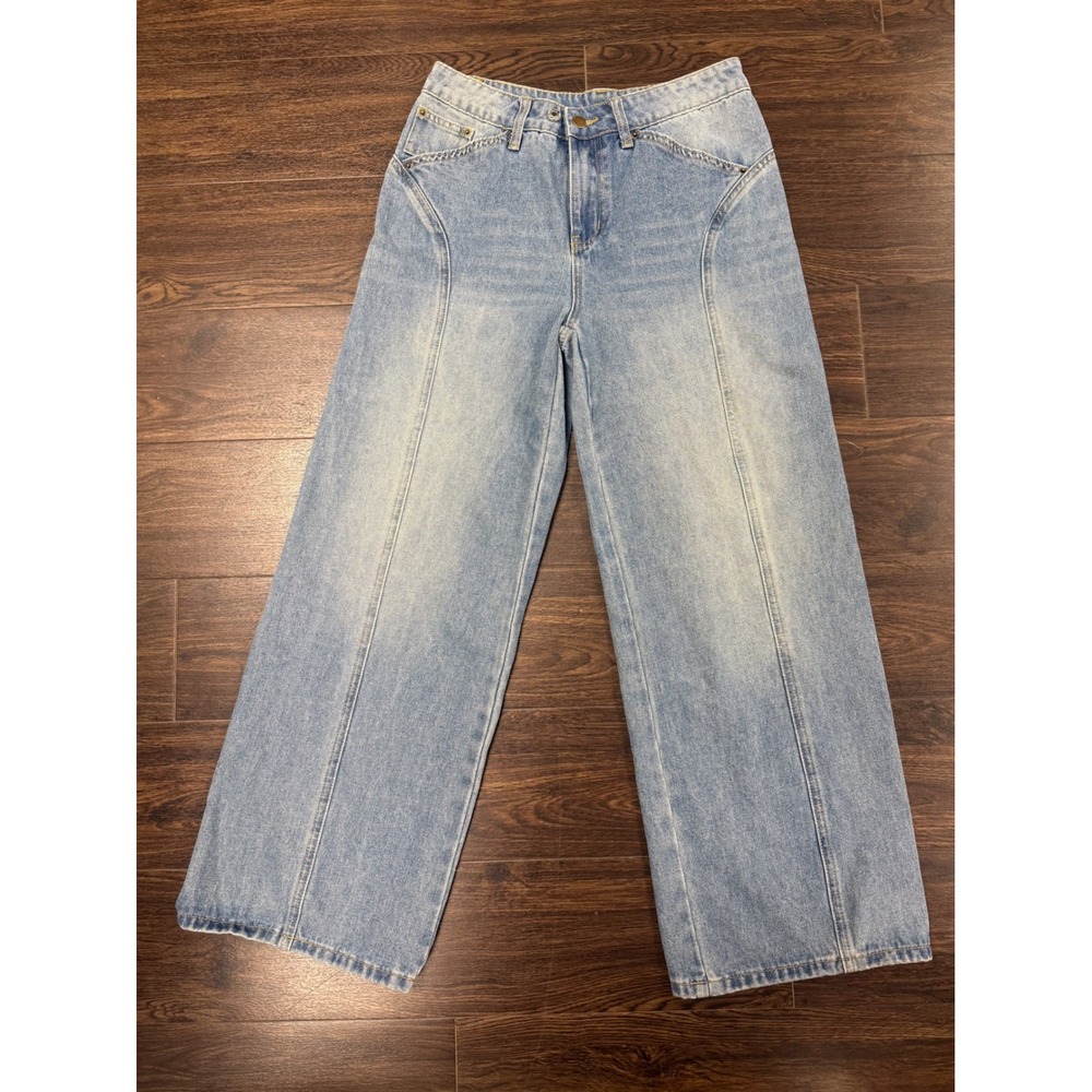 Cider Women's Size Small Light Wash Asymmetrical Waist Wide-Leg Jeans Y2K
